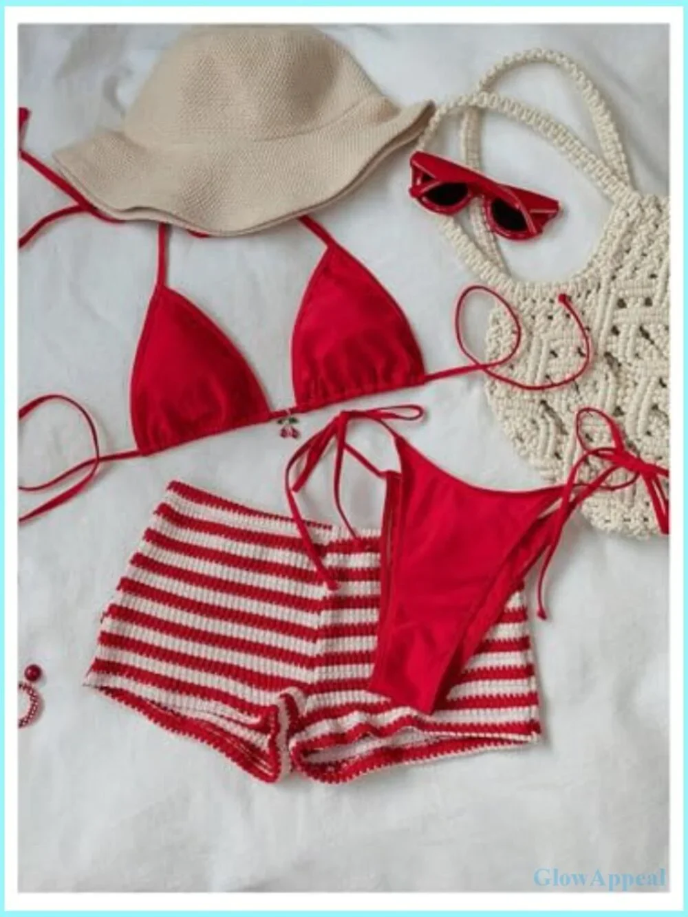 Striped Triangle Bikini Set High Waisted Thong with Cover Up Shorts 3 Piece